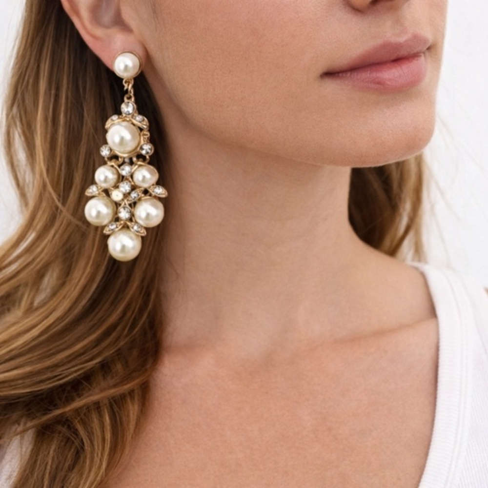 Gold Tone Pearl Drop Earrings Rhinestone Statement Dangle Bridal Style
